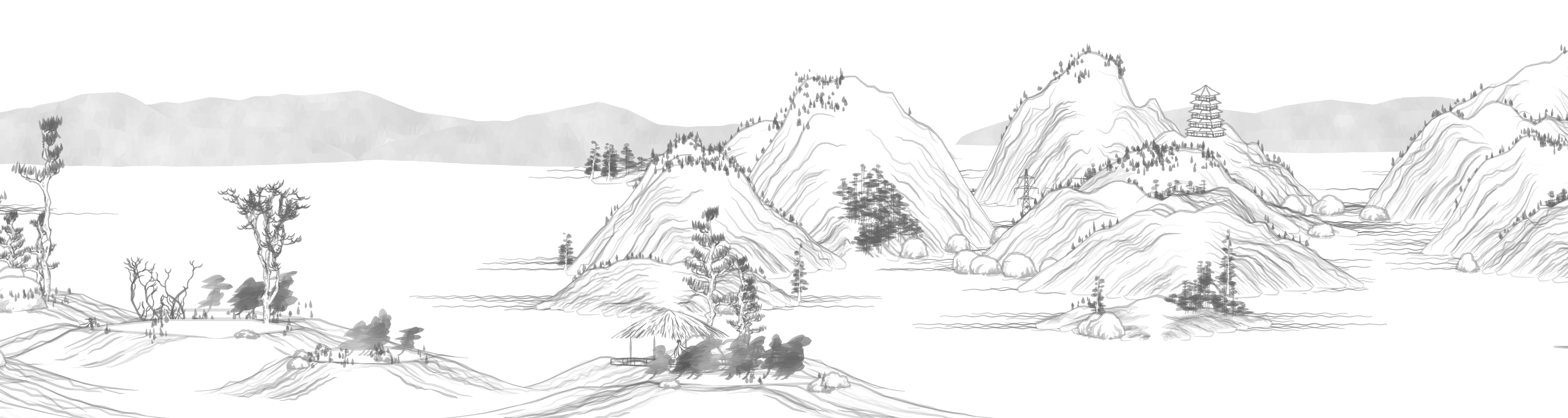 水墨山水欢迎插画